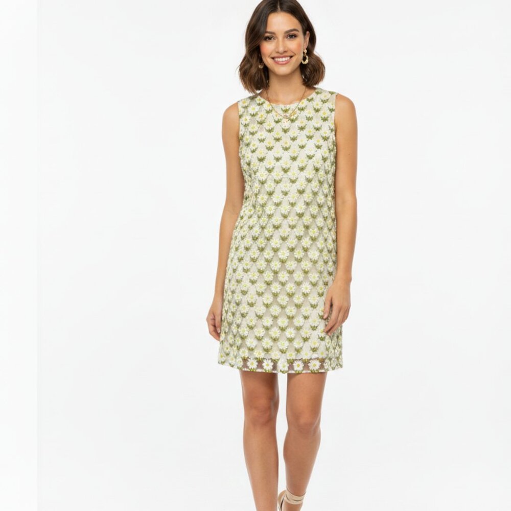 NWT Algo of Switzerland Dress Shift Daisy Floral Embroidered White Women Small